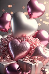 Wall Mural - Realistic romantic background with heart shaped balloons,  gift box and light effects  on blurred background with confetti.
