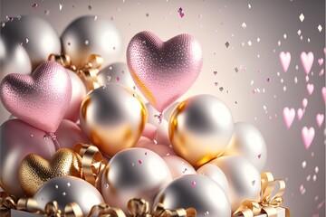 Wall Mural - Realistic romantic background with heart shaped balloons,  gift box and light effects  on blurred background with confetti.
