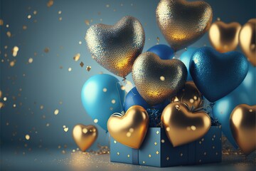 Festive background with blue gold balloons and gifts for New Year or Valentine's Day or any other holiday.  Generative Ai.