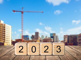 Canvas Print - Set of wooden cubes blocks with 2023 on the desk