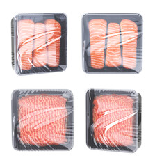 Food in plastic packages for store retail, fresh fish and minced meat. Raw salmon steak or fillet, ground beef or pork in black tray with transparent film, 3d render isolated products