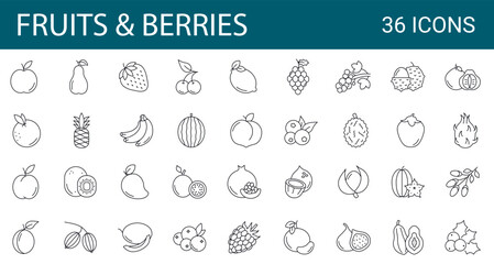 Set of 36 line berries and fruits icons. Outline signs collection for food store. Editable Strokes.