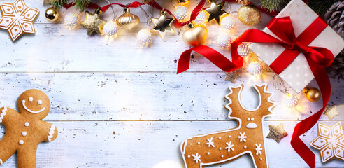Wall Mural - merry christmas and happy holidays greeting card, frame, banner. new year. noel. christmas gift box,