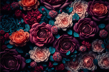 Background made out of a fantasy miracle multi colors bed of roses,Generative AI.