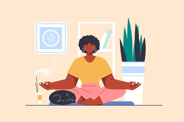 Aufkleber - Yoga practice concept with people scene in flat design. Woman sitting in lotus position and doing meditation at home and improves mental health. Illustration with character situation for web