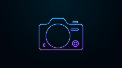 Poster - Glowing neon line Photo camera icon isolated on black background. Foto camera. Digital photography. 4K Video motion graphic animation