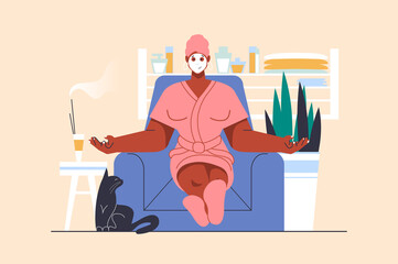 Poster - Spa salon concept with people scene in flat design. Woman with moisturizing facial mask sits in chair, relaxes and enjoys aromatherapy and care. Illustration with character situation for web