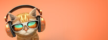 A Fashionable Cute Red Cat 3d Image In Sunglasses And Headphones Works In A Call Center Operator On An Orange Background Copy Space Banner Or Listens To Music And Gets High Ai Generated