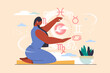 Astrology concept with people scene in flat design. Woman astrologer predicts fate and reads horoscope, works with zodiac signs and constellations. Illustration with character situation for web