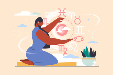 astrology concept with people scene in flat design. woman astrologer predicts fate and reads horosco