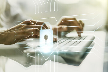 Aufkleber - Creative lock illustration with microcircuit and hands typing on computer keyboard on background, cyber security concept. Multiexposure