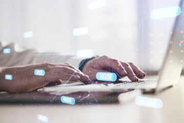 Aufkleber - Abstract creative coding concept with hands typing on laptop on background. Multiexposure