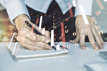Poster - Multi exposure of abstract creative financial graph with hand writing in notepad on background, forex and investment concept