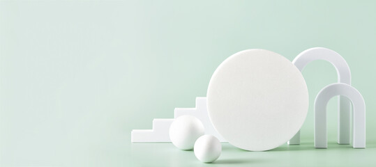 banner. abstract background with various geometrical forms and podiums in pastel color for product p