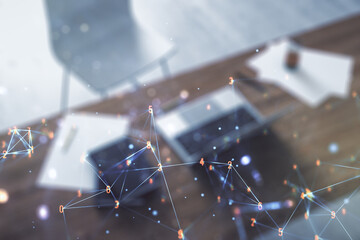 Aufkleber - Creative abstract wireless technology hologram and modern desktop with pc on background, artificial intelligence and machine learning concept. Multi exposure