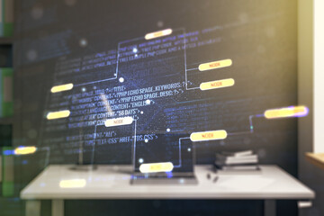 Poster - Multi exposure of abstract graphic coding sketch and modern desktop with pc on background, big data and networking concept