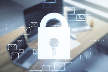 Poster - Creative light lock illustration with postal envelopes and modern desktop with pc on background, cyber security and email protection concept. Multiexposure