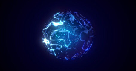 A round blue planet with a molten core in the center in space, a star sphere with an energy magical luminous field from plasma. Abstract background