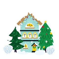 Sticker - Winter Merry Christmas House. Illustration of Greeting Card Holiday.