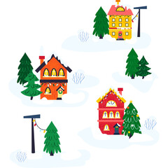 Sticker - Winter Houses Beige Postcard. Illustration of Seasonal Greetings. Holiday Celebration.