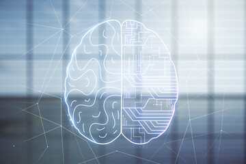 Poster - Virtual creative artificial Intelligence hologram with human brain sketch on modern interior background. Double exposure