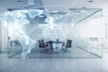 Aufkleber - Abstract graphic digital world map hologram with connections on a modern furnished classroom background, globalization concept. Multiexposure