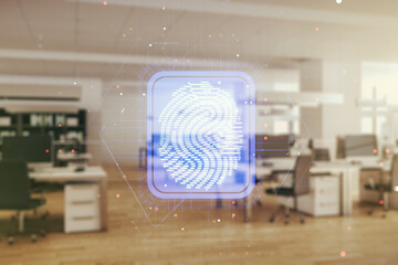 Poster - Multi exposure of virtual creative fingerprint hologram on modern corporate office background, personal biometric data concept