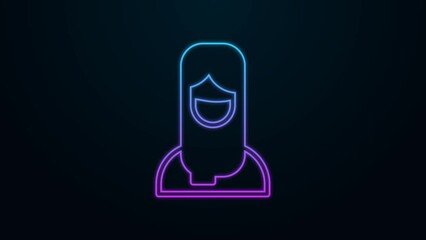 Poster - Glowing neon line Muslim woman in hijab icon isolated on black background. 4K Video motion graphic animation