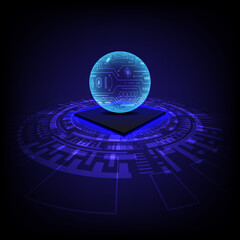 Poster - Background technology abstract
electronic sphere floating above a 3D microchip glowing below The tech circle is at the bottom. on a blue gradient background