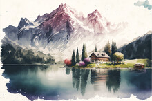 Illustration Of The Alps With Beautiful Lake In Front Of It, Watercolor Masterpiece,Generative AI.