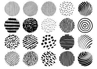 Vector hand drawn round doodle squiggles. Artistic design elements, social media highlights. Doodle sketch patterns in circles. Pen and marker lines, strips, stripes, waves and curves for your design