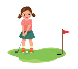 Poster - Cute little girl playing golf ready to hit ball aiming at the hole