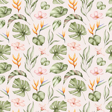 Tropical Plants Watercolor Seamless Pattern. Monstera, Strelitzia, Hibiscus Flowers And Jungle Leaves Background. Botanical Texture For Fabric, Textile, Wallpaper.