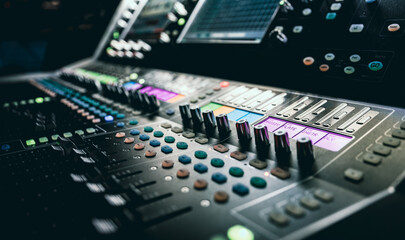 Sound control music mixer in record studio. Close up mixer and equalizer volume on the mixer amplifier. Digital audio system