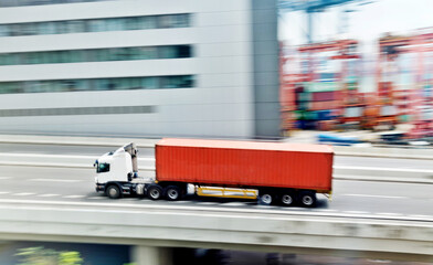 Poster - Container truck motion blur on highway overpass