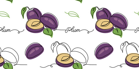 Poster - Plum vector pattern. One continuous line art drawing of plum pattern