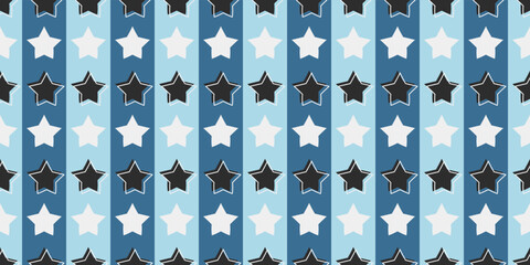 Poster - Black and white stars in a seamless pattern. Blue stripes in the background. Vector decor and print, stylish design of seamless surfaces.