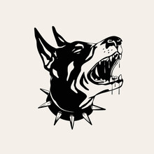 Portrait Of A Doberman Dog. Black Dog's Head. Barking Dog With Spiked Collar. Hand Drawn Modern Isolated Vector Illustration. Tattoo Idea, T-shirt Print, Dog Training Logo Template
