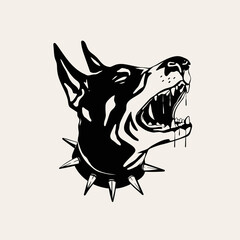 Wall Mural - Portrait of a Doberman dog. Black dog's head. Barking dog with spiked collar. Hand drawn modern isolated Vector illustration. Tattoo idea, t-shirt print, dog training logo template