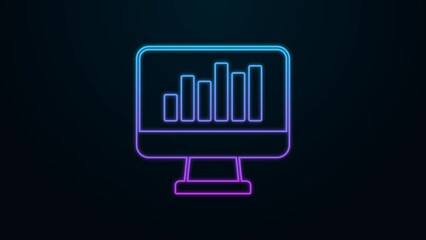 Sticker - Glowing neon line Computer monitor with graph chart icon isolated on black background. Report text file icon. Accounting sign. Audit, analysis, planning. 4K Video motion graphic animation