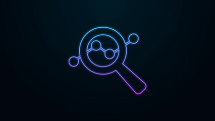 Sticker - Glowing neon line Magnifying glass and data analysis icon isolated on black background. Search sign. 4K Video motion graphic animation