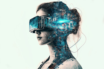 A woman wearing a virtual reality headset with futuristic technology elements. Generative ai