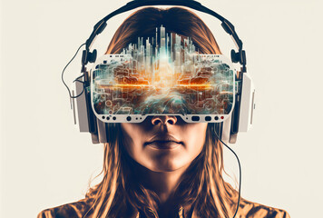 A woman wearing a virtual reality headset with futuristic technology elements. Generative ai