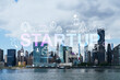 New York City skyline, United Nation headquarters over the East River, Manhattan, Midtown at day time, NYC, USA. Startup company, launch project to seek and develop scalable business model, hologram