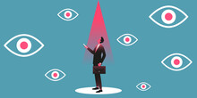 Businessman With Smartphone Looking On Giant Eyes Around. Spyware And Hacking Concept. Vector Illustration.