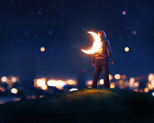 Wall Mural - man holding on to moon at night