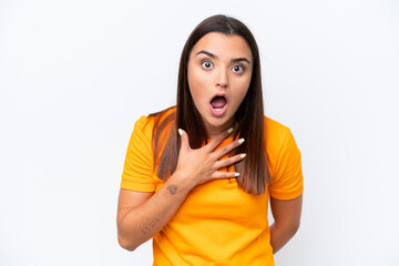 Wall Mural - Young caucasian woman isolated on white background surprised and shocked while looking right