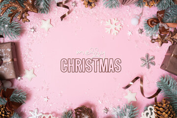 Wall Mural - Merry Christmas text and winter decoration on colored background. Xmas greeting card