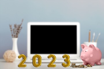 Poster - 2023 numbers and piggy bank. New year concept