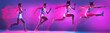 © master1305 - Collage. Development of movements. Young girl, professional sportsman training, running isolated over purple studio background in neon light